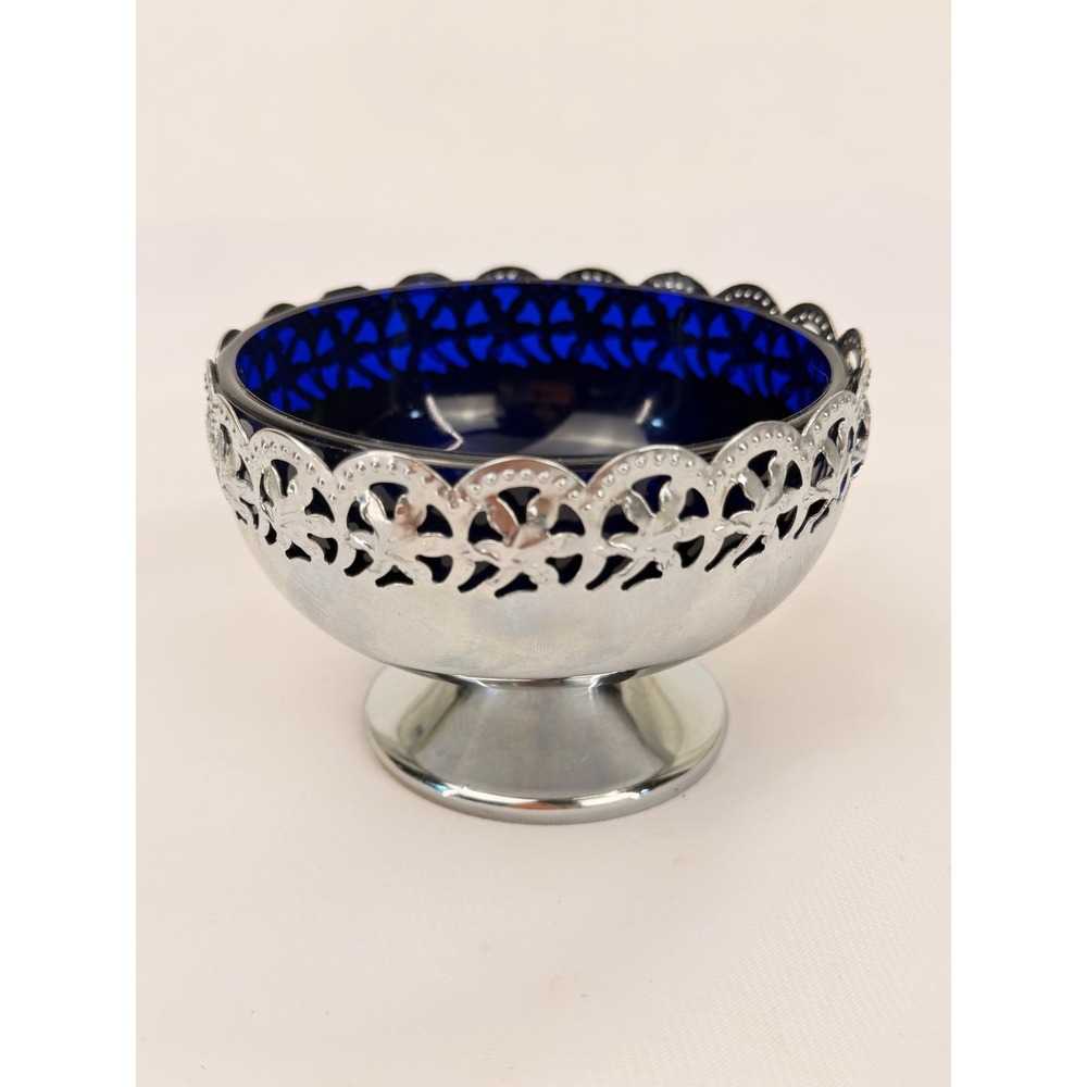 Vintage 1950s Cobalt Blue Glass Bowl Silver Tone Filigree Pedestal Candy Dish